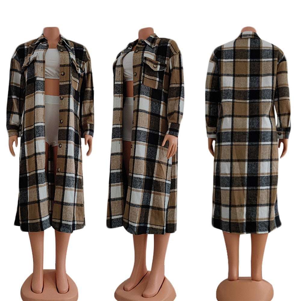 Women's Long Sleeve Lapel Plaid Woolen Coat