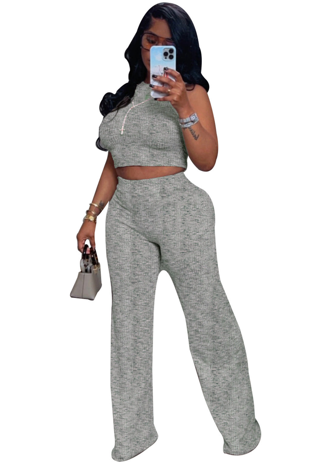 Two-piece Set - Sleeveless Top Wide Leg Pants