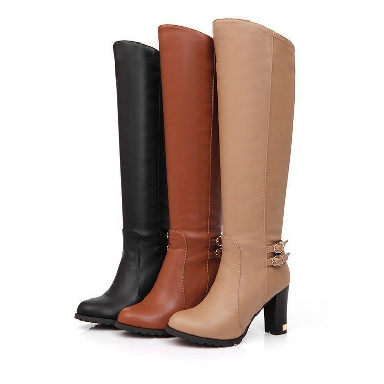 Botas de piel con tacón grueso para mujer Botas