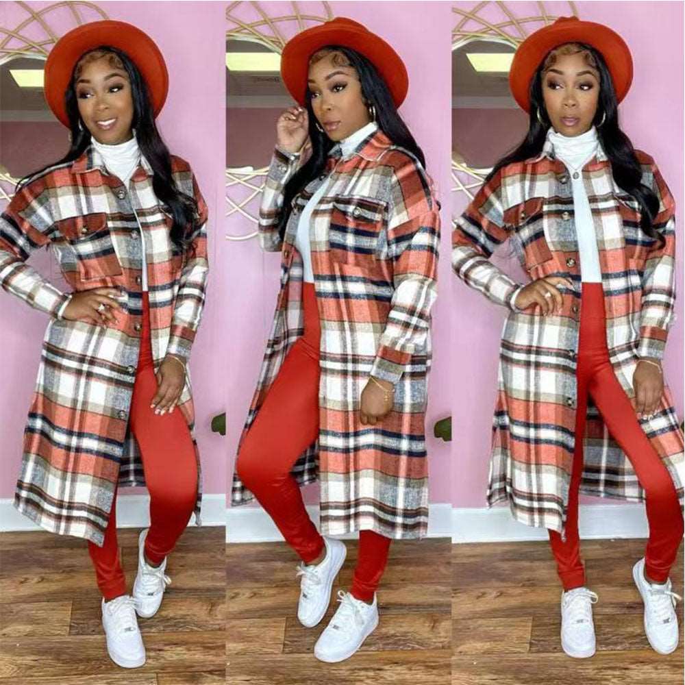 Women's Long Sleeve Lapel Plaid Woolen Coat