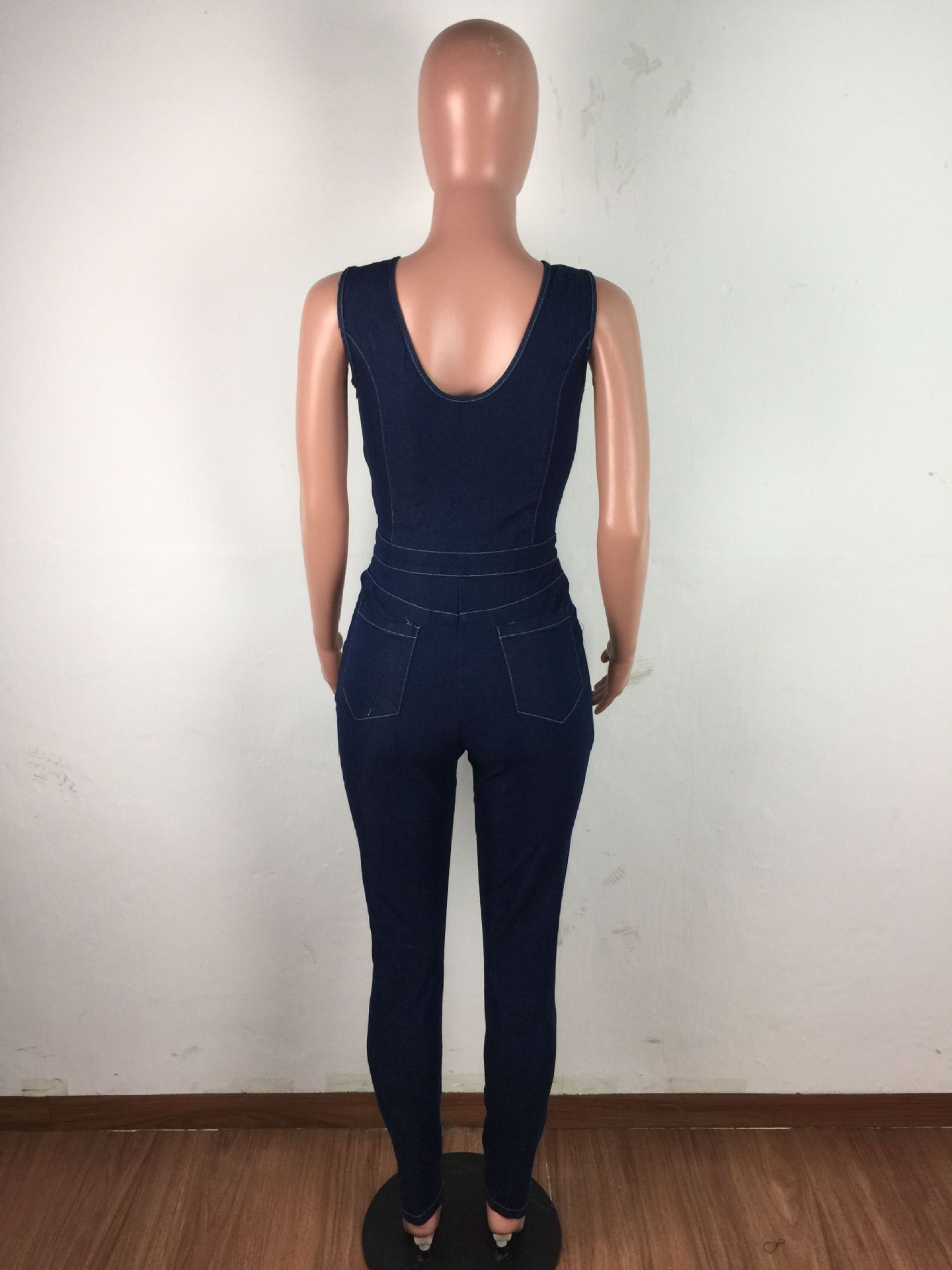 Sleeveless Eyelet Straps Slim Fit Sexy Denim Jumpsuit