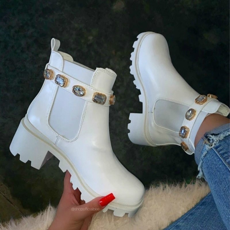 Woman Crystal Belt Buckle Ankle Boots