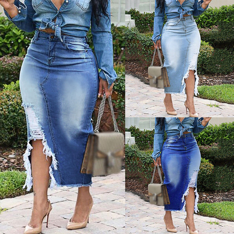 Women's  High Waist Ripped Denim Skirt (Up to 5XL)