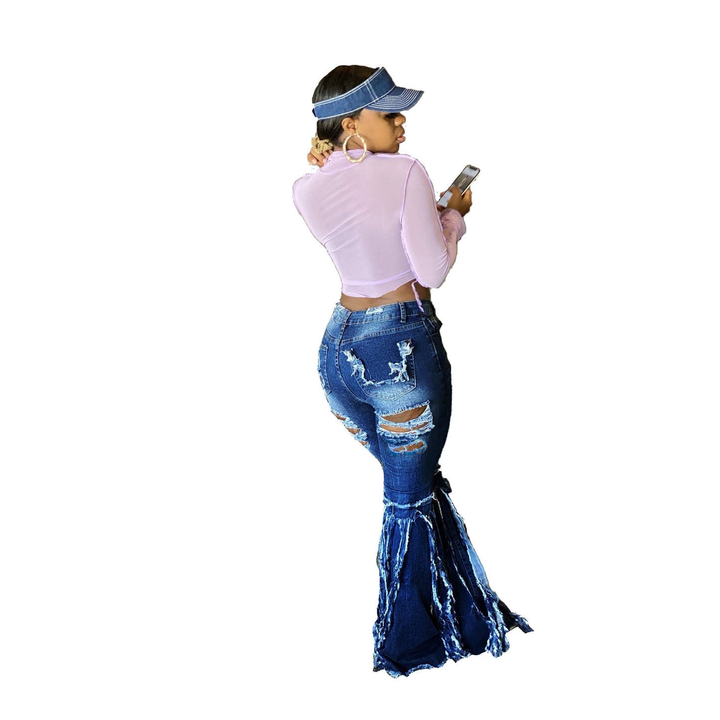 Women's Casual Ripped Flare Pants Denim