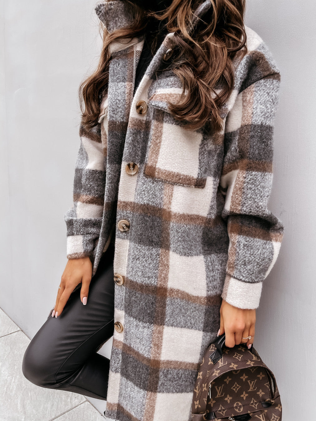 Casual Warm Plaid Long Woolen Coat with Buttons