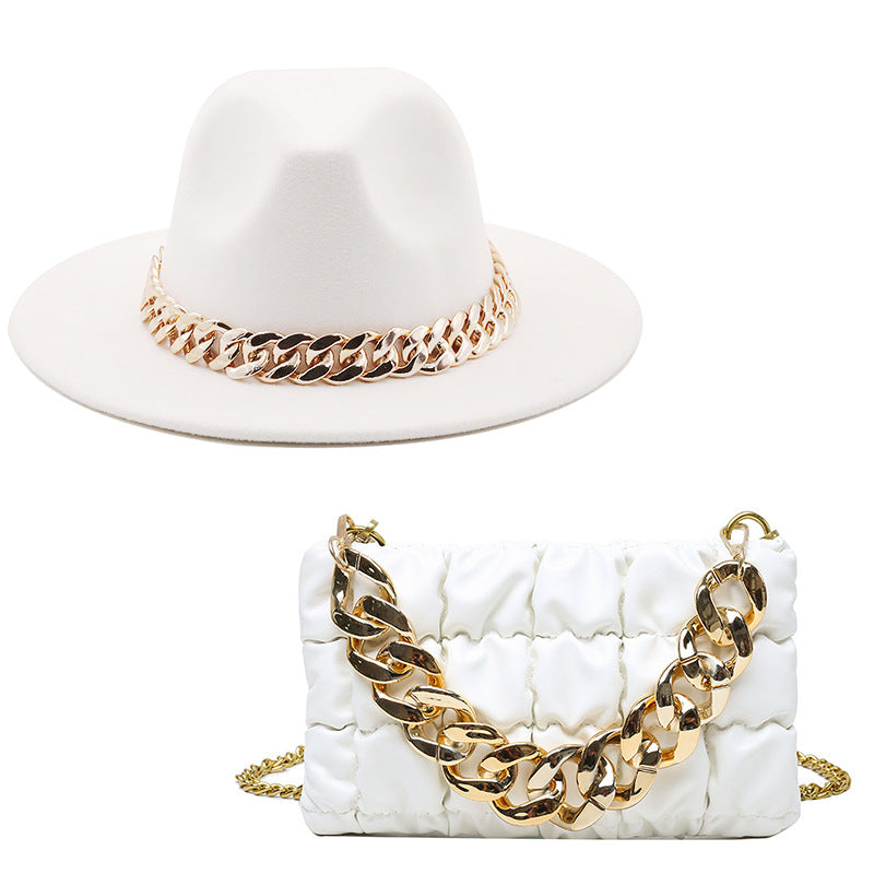 Conjunto de sombrero fedora (sombrero de ala grande) y bolso con cadena unisex