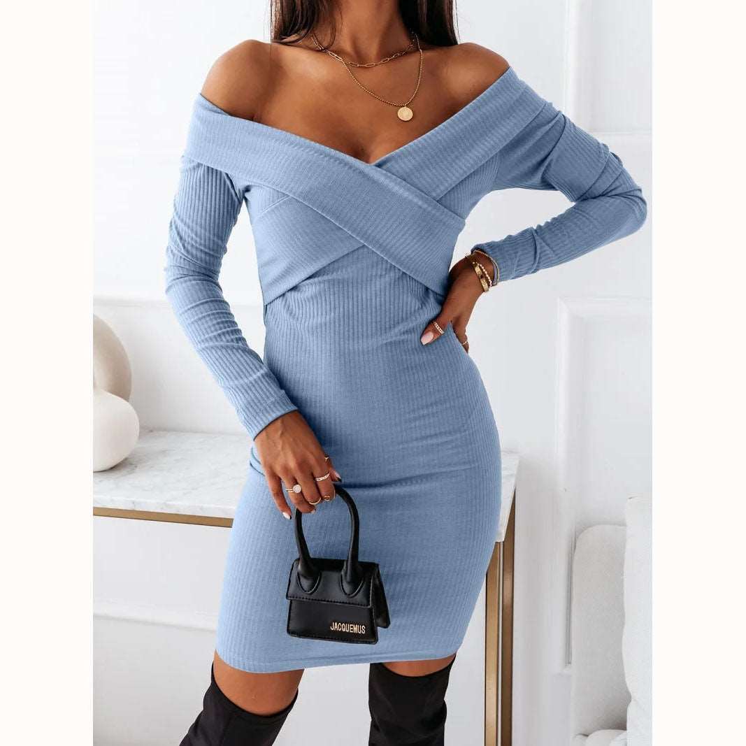 Women's Long Sleeve Patchwork Off-the-shoulder Dress