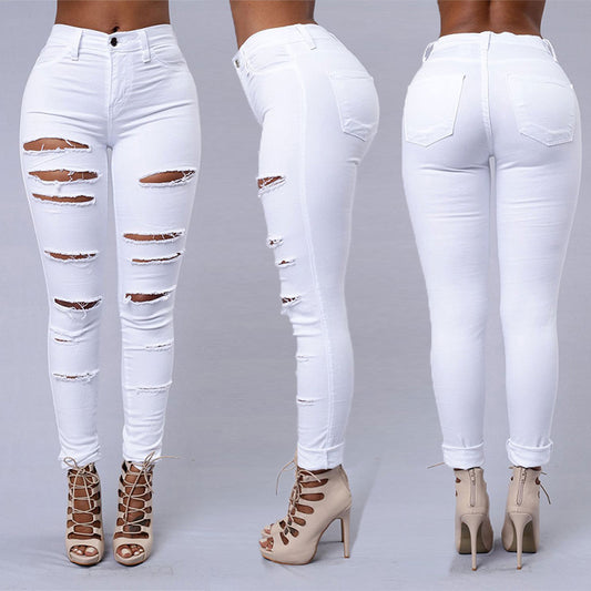 Women's Casual High Waist Ripped Skinny Jeans