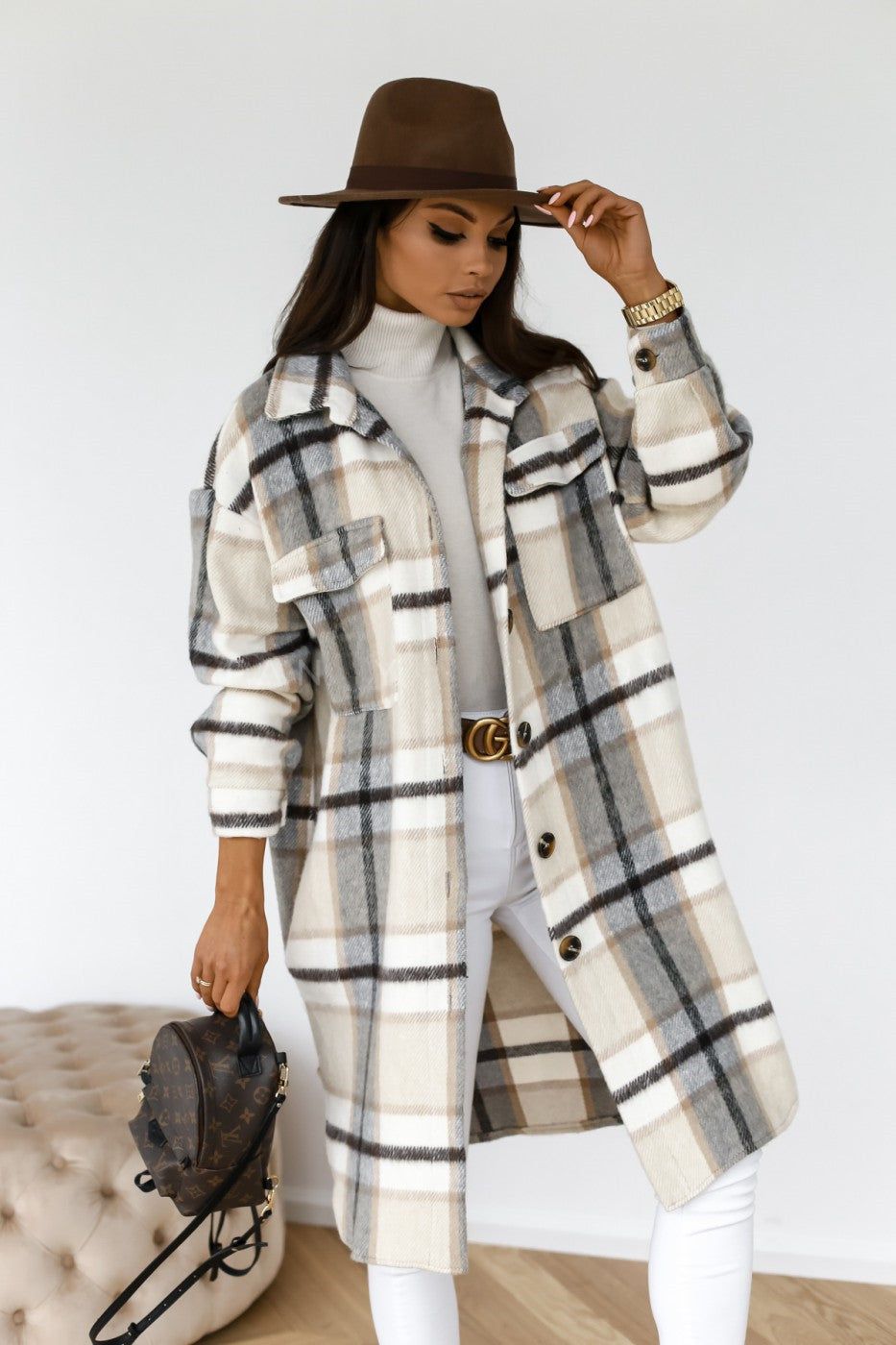 Casual Warm Plaid Long Woolen Coat with Buttons