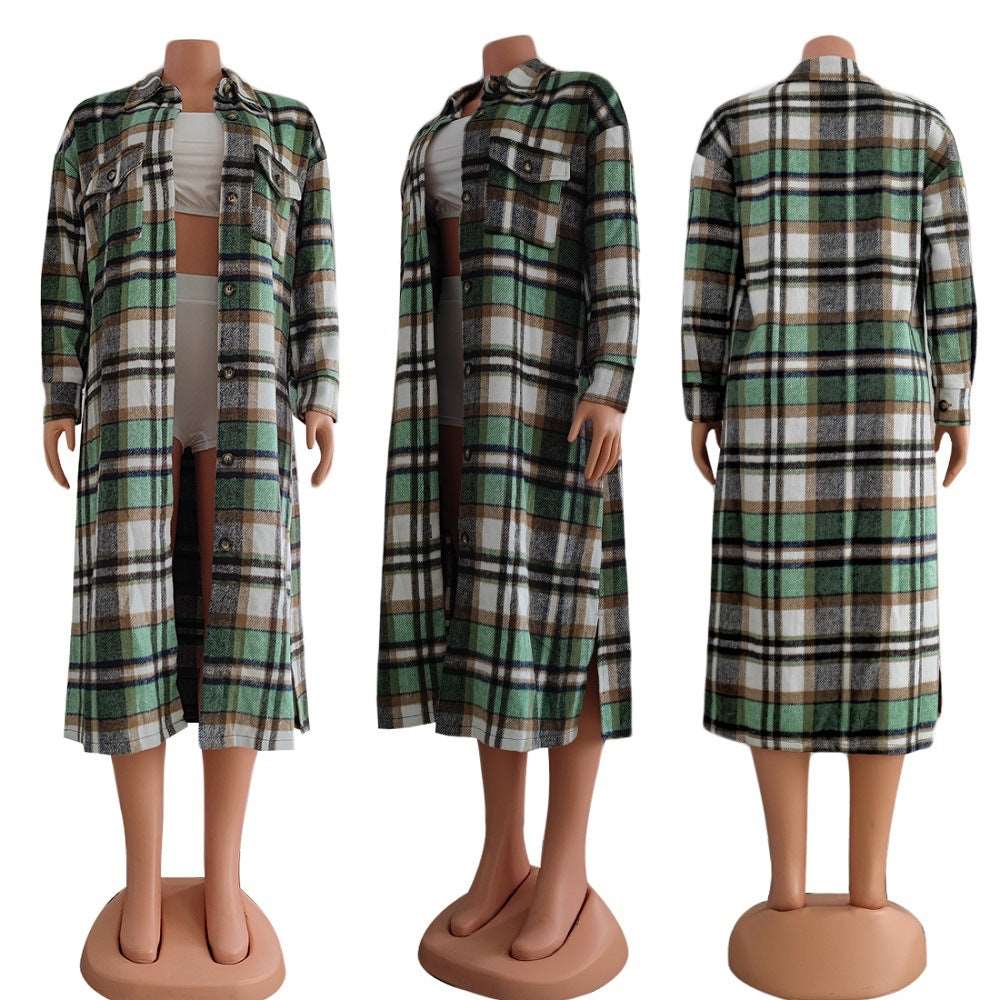 Women's Long Sleeve Lapel Plaid Woolen Coat