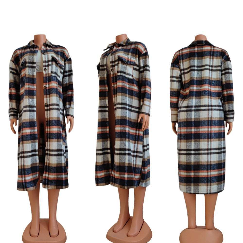 Women's Long Sleeve Lapel Plaid Woolen Coat