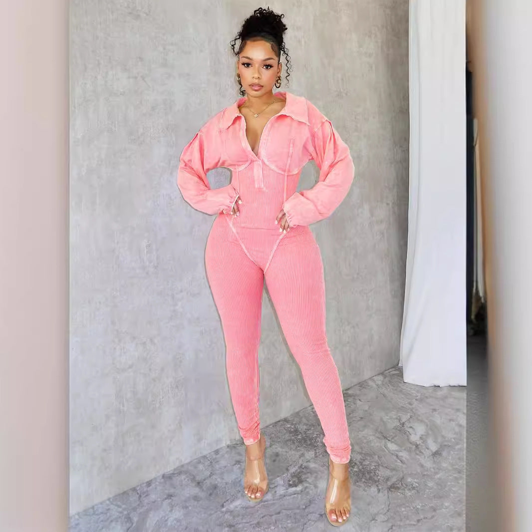 Women's Versatile Washed  Long Sleeve Jumpsuit