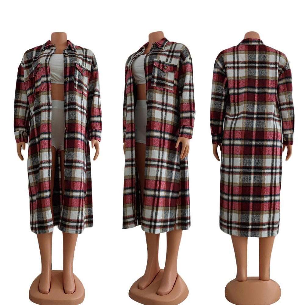 Women's Long Sleeve Lapel Plaid Woolen Coat