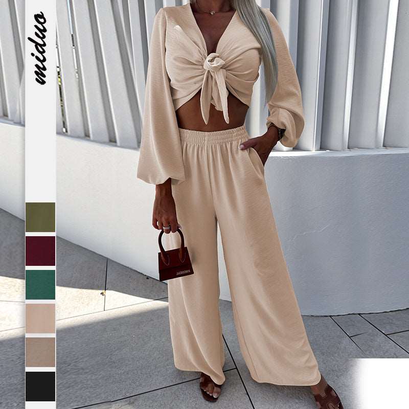 Fashion Women's Autumn Cardigan Tie Long Sleeve Top Wide Leg Trousers Two-piece Suit - Its That Girls Boutique