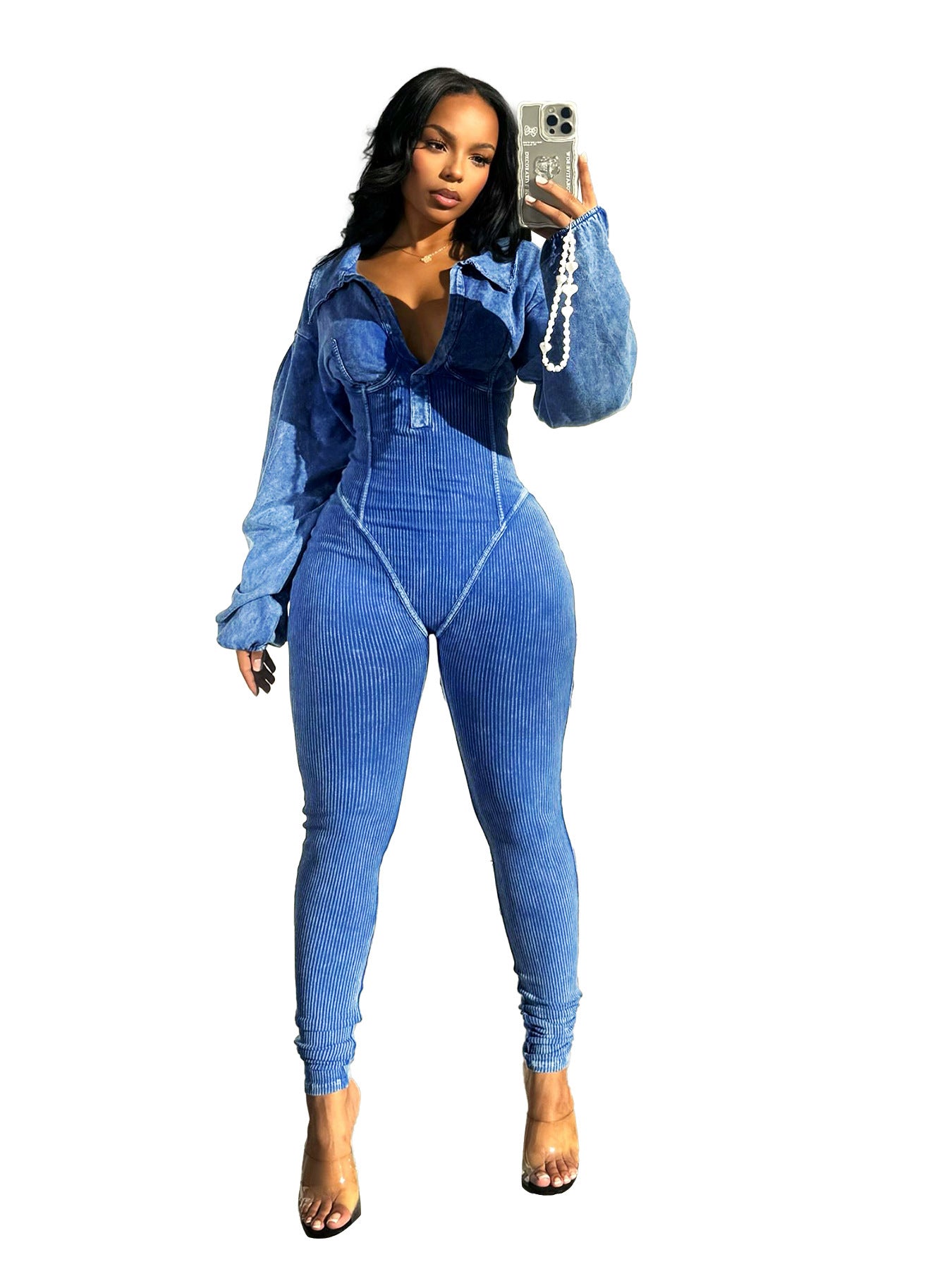 Women's Versatile Washed  Long Sleeve Jumpsuit