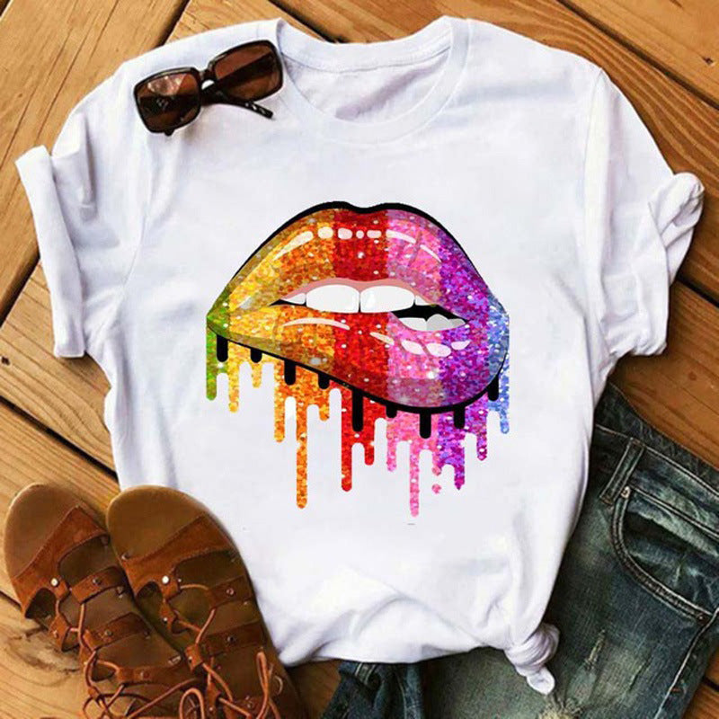 Women's Short Sleeve Colorful Lip  Printed Pattern (Up to 4XL)