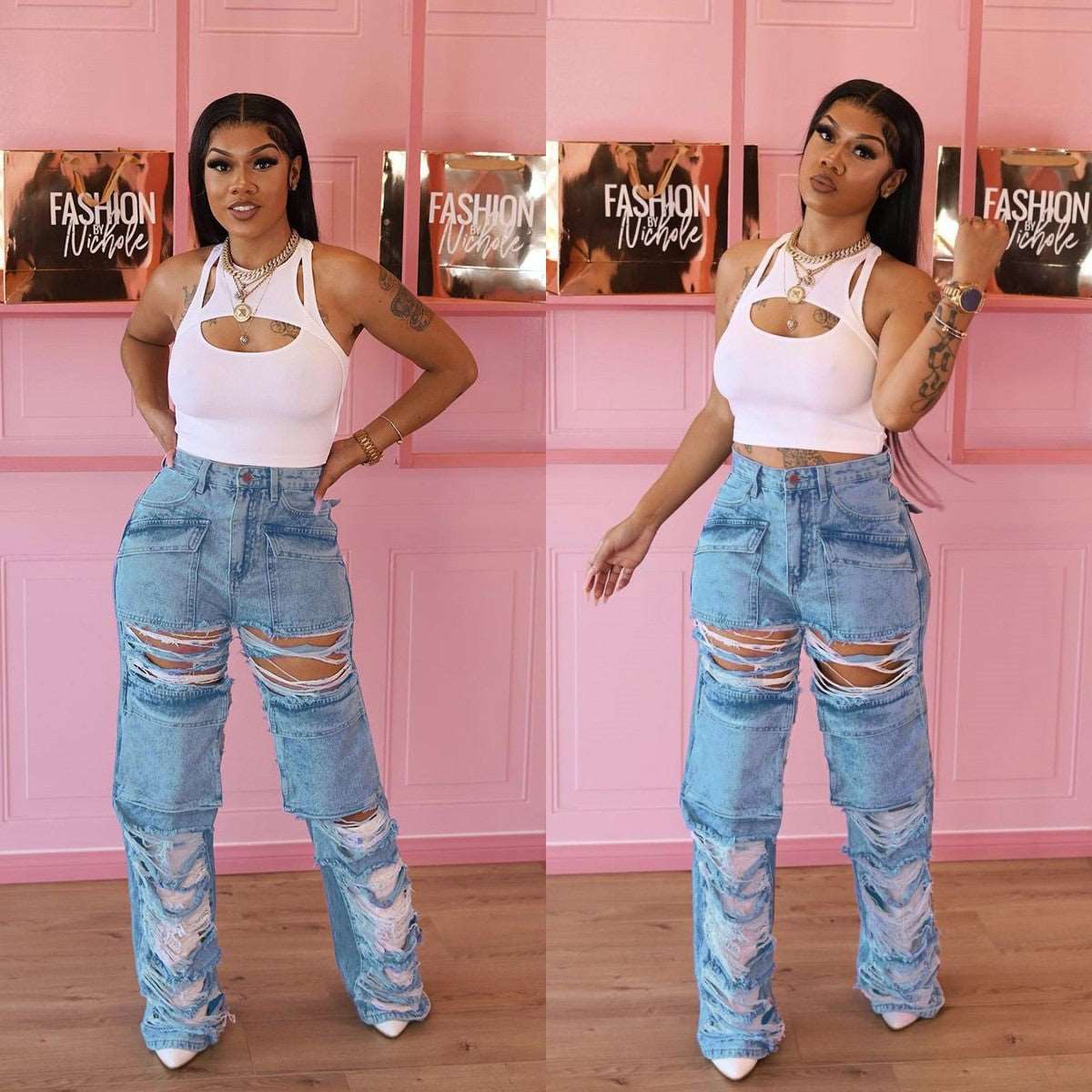 Women's High Waist Zipper Straight Ripped Jeans - Its That Girls Boutique