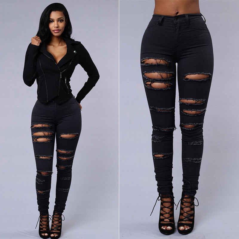 Women's Casual High Waist Ripped Skinny Jeans