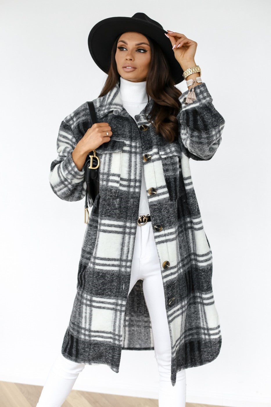 Casual Warm Plaid Long Woolen Coat with Buttons