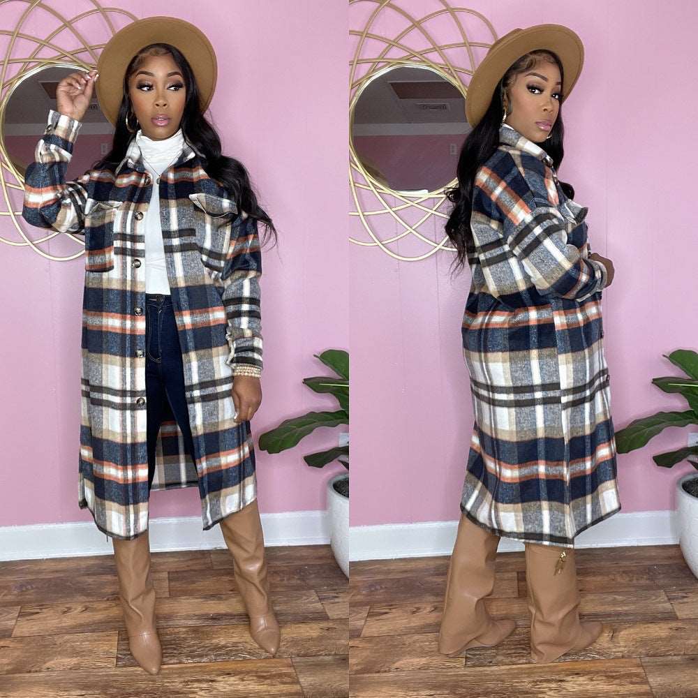 Women's Long Sleeve Lapel Plaid Woolen Coat