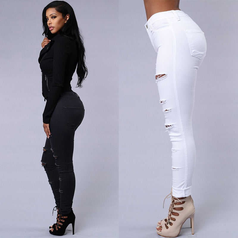 Women's Casual High Waist Ripped Skinny Jeans