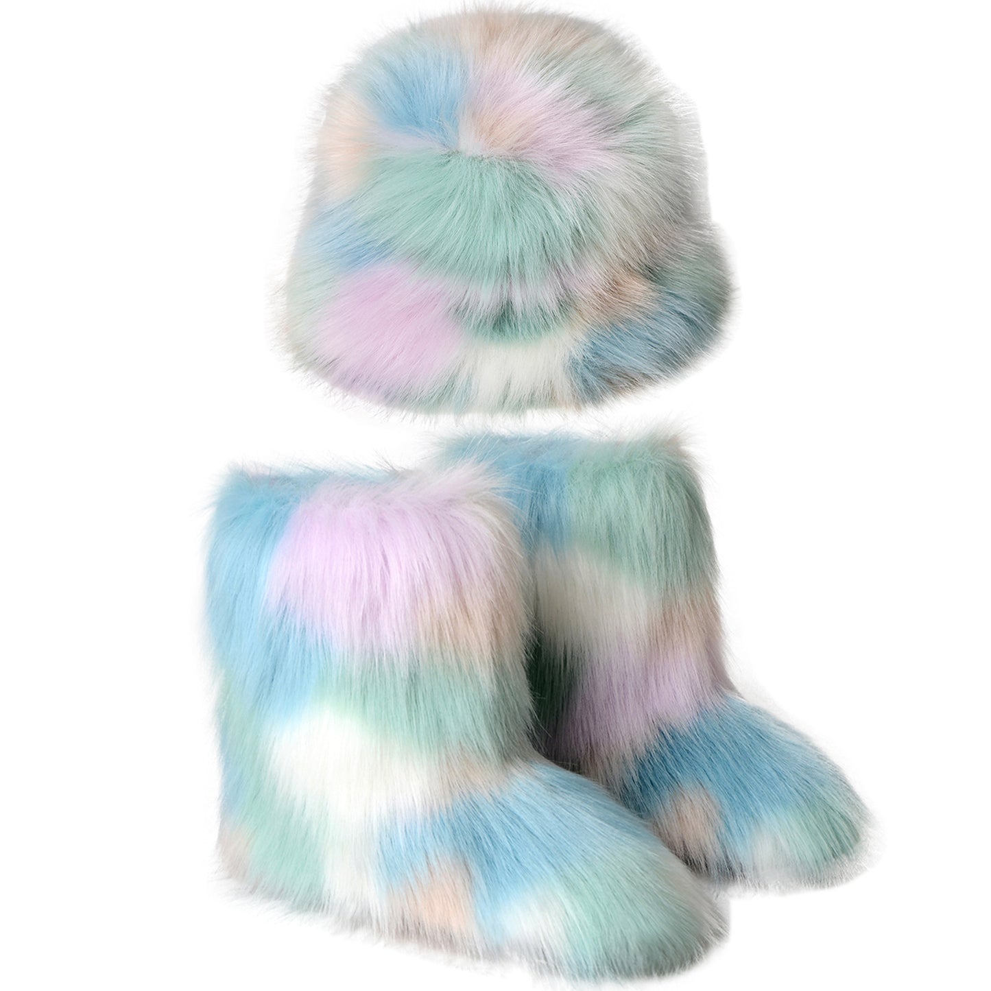 Warm Plush Boots with Color Fur Bucket Hat