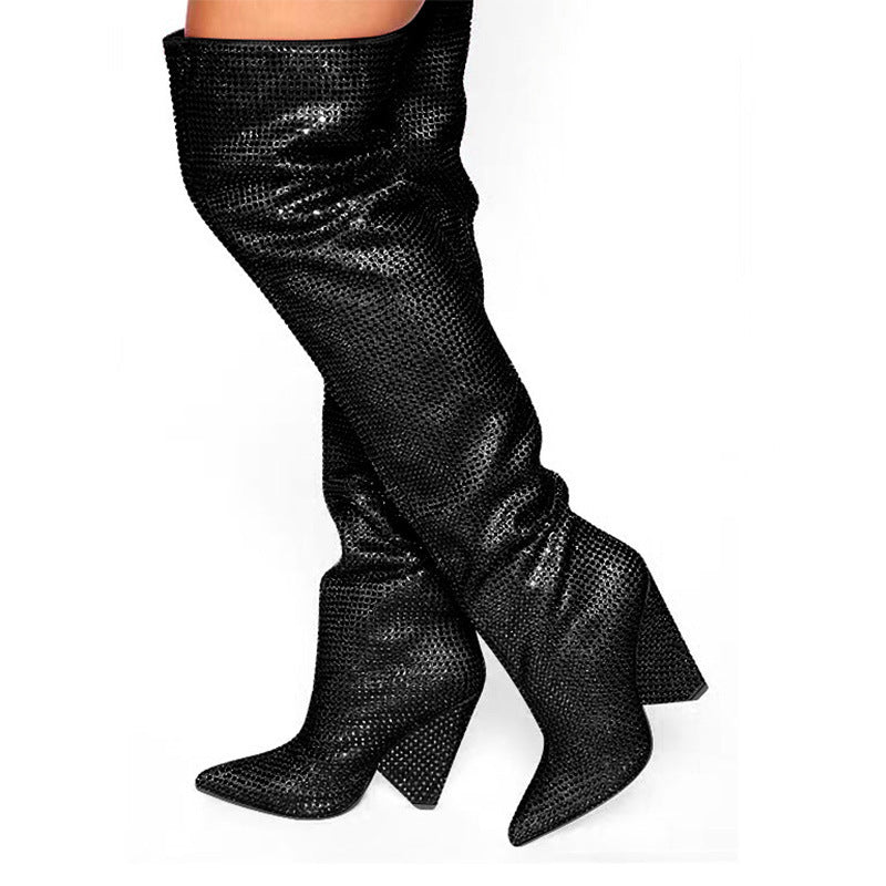 Pointed Tapered Heel Wedge Starry Rhinestone Plus Size Below The Knee Boots