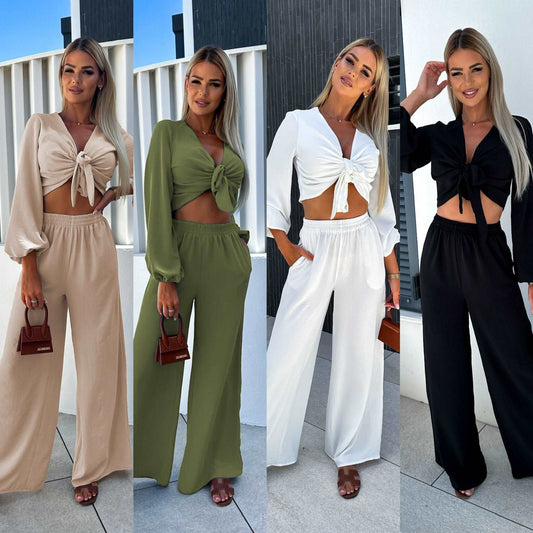 Fashion Women's Autumn Cardigan Tie Long Sleeve Top Wide Leg Trousers Two-piece Suit - Its That Girls Boutique