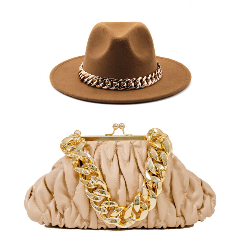 Conjunto de sombrero fedora (sombrero de ala grande) y bolso con cadena unisex