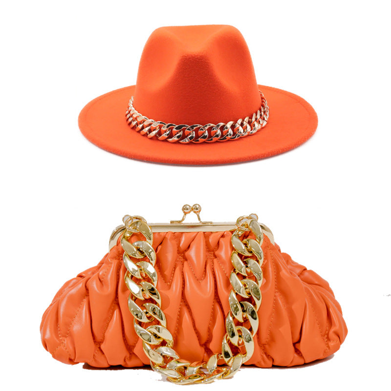 Conjunto de sombrero fedora (sombrero de ala grande) y bolso con cadena unisex