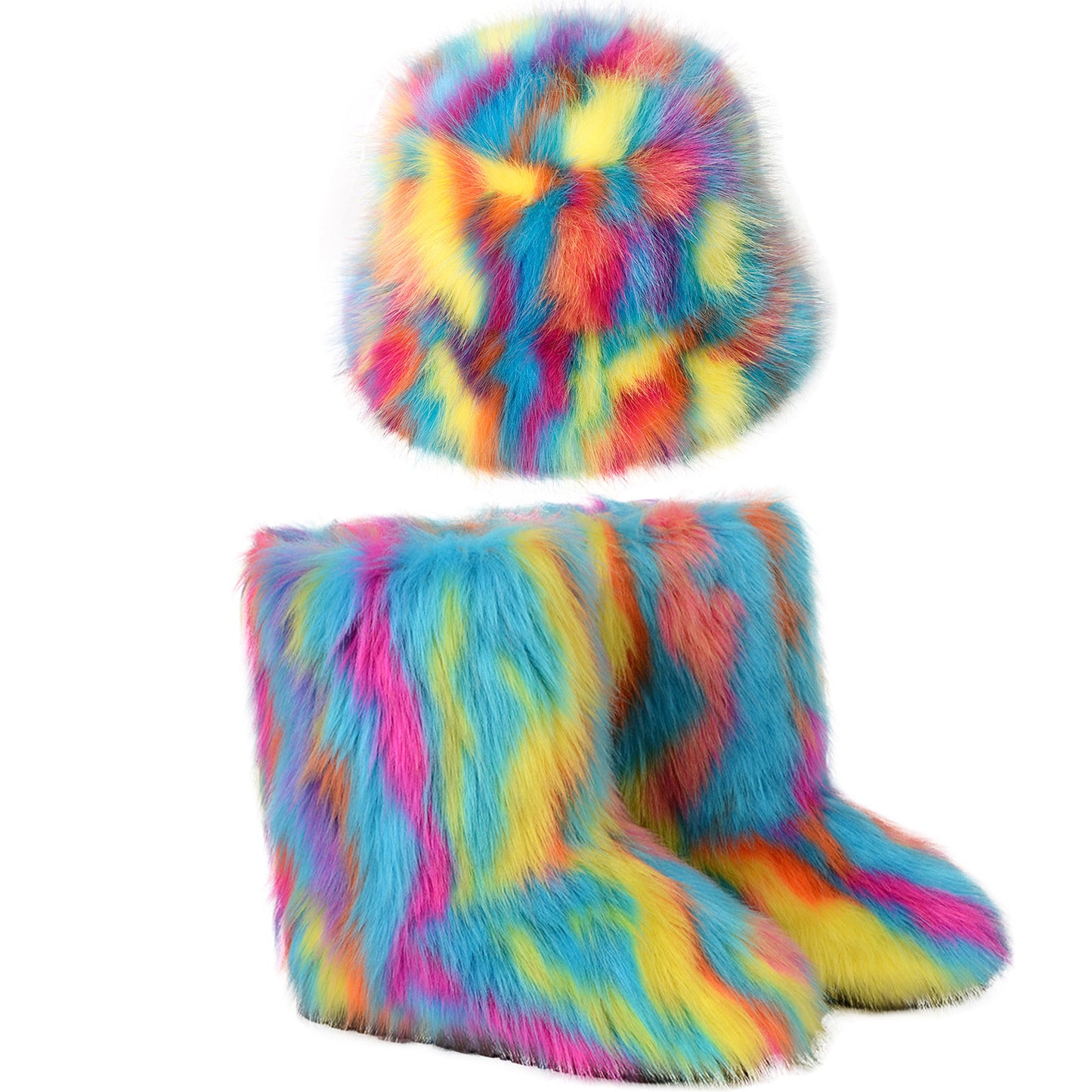 Warm Plush Boots with Color Fur Bucket Hat