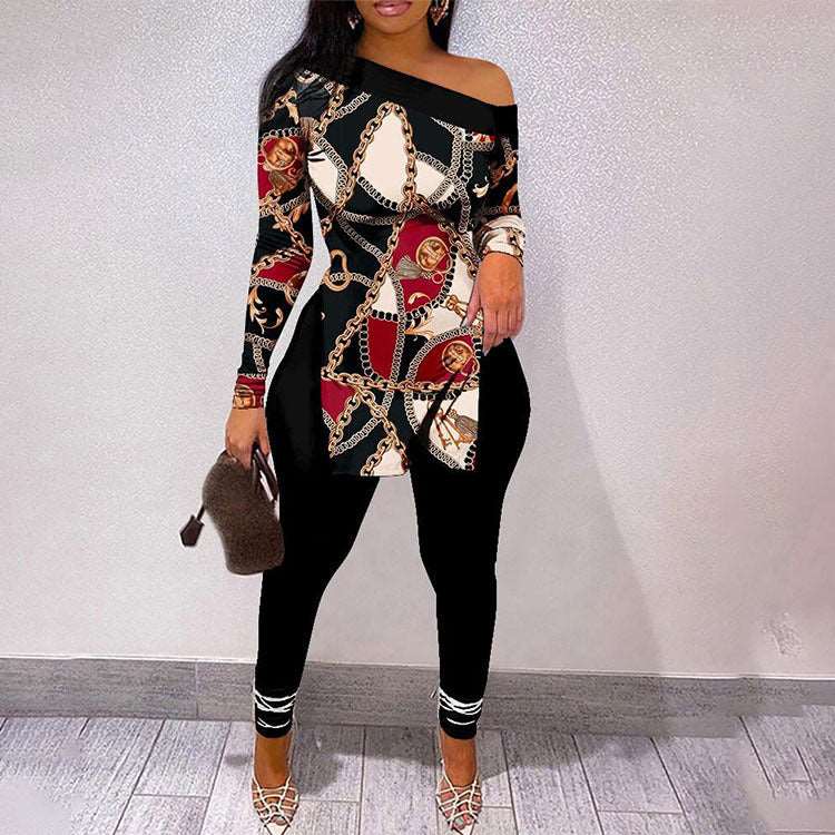 Autumn And Winter New Letter Floral Print Slit Hem Long Sleeve Top Suit Women - Its That Girls Boutique