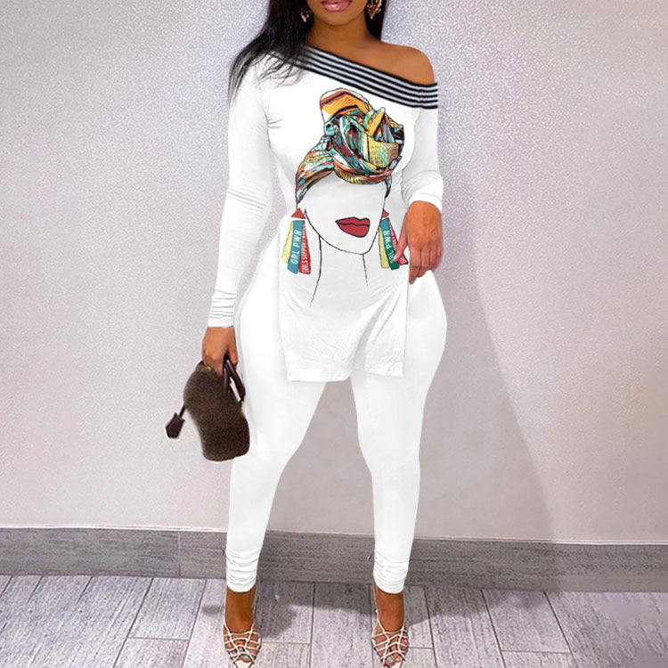 Autumn And Winter New Letter Floral Print Slit Hem Long Sleeve Top Suit Women - Its That Girls Boutique