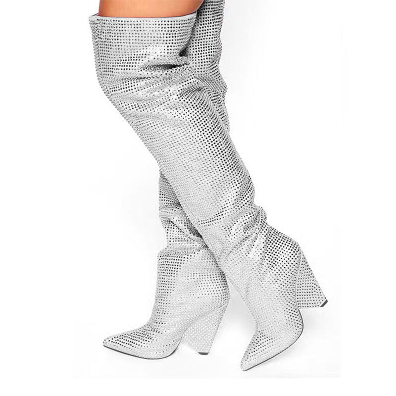 Pointed Tapered Heel Wedge Starry Rhinestone Plus Size Below The Knee Boots