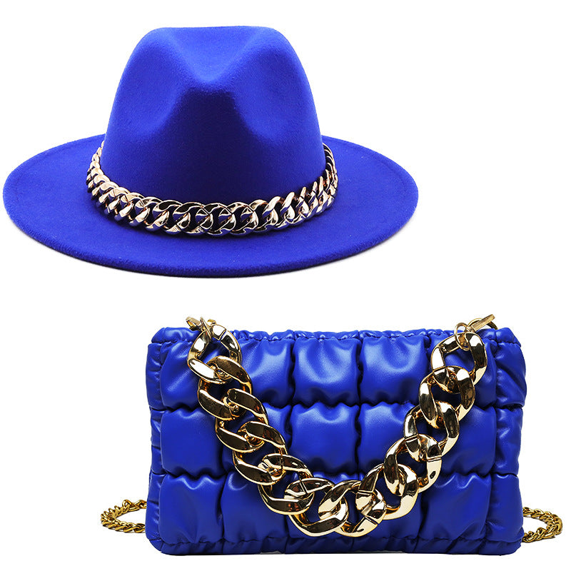 Conjunto de sombrero fedora (sombrero de ala grande) y bolso con cadena unisex