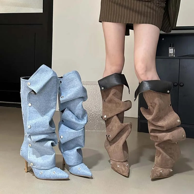 Women's Fashion Buckle  Stiletto Heel - Slouch Style Boots