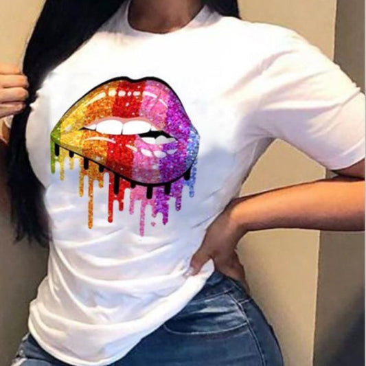 Women's Short Sleeve Colorful Lip  Printed Pattern (Up to 4XL)