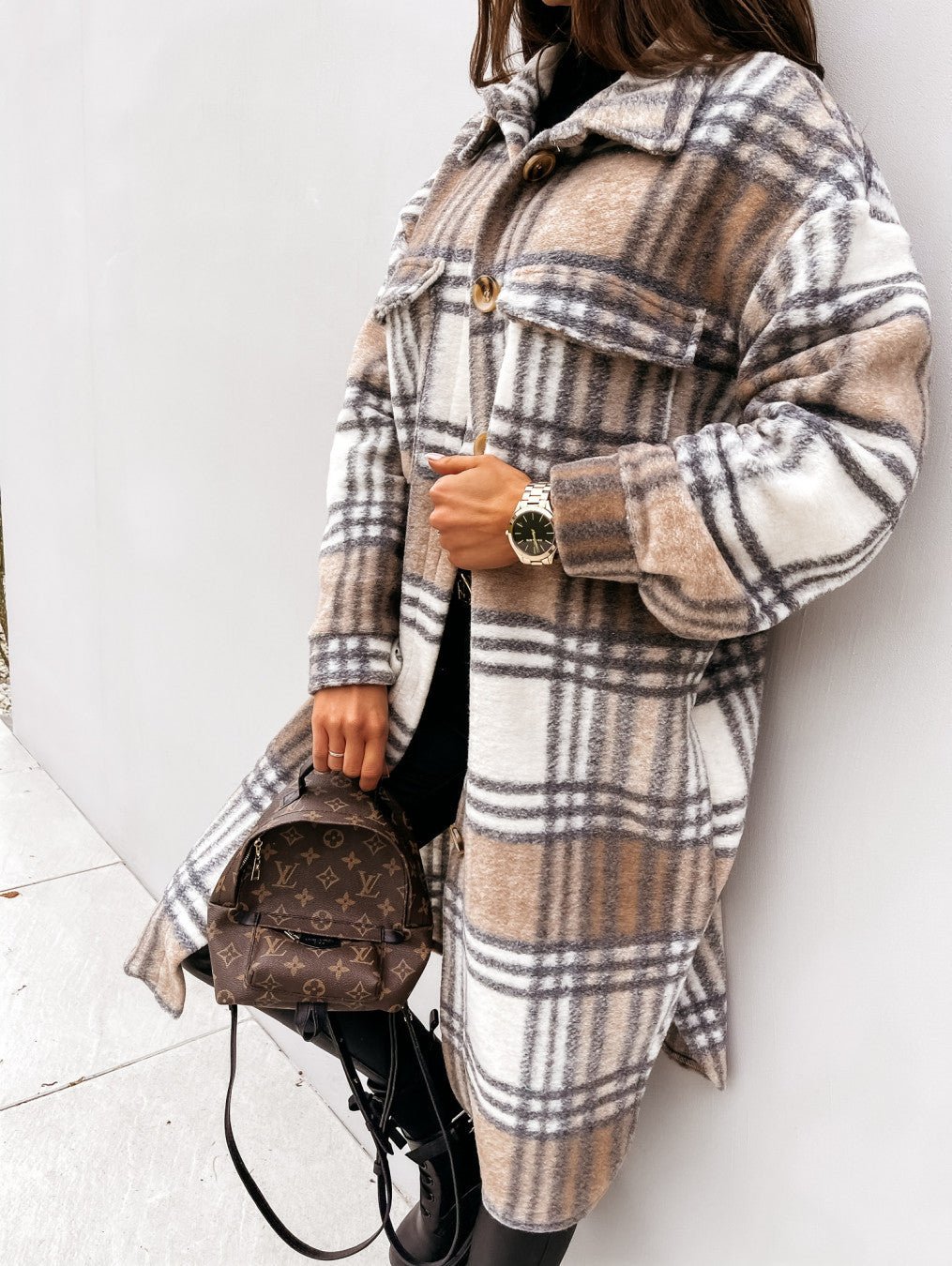 Casual Warm Plaid Long Woolen Coat with Buttons - Its That Girls Boutique