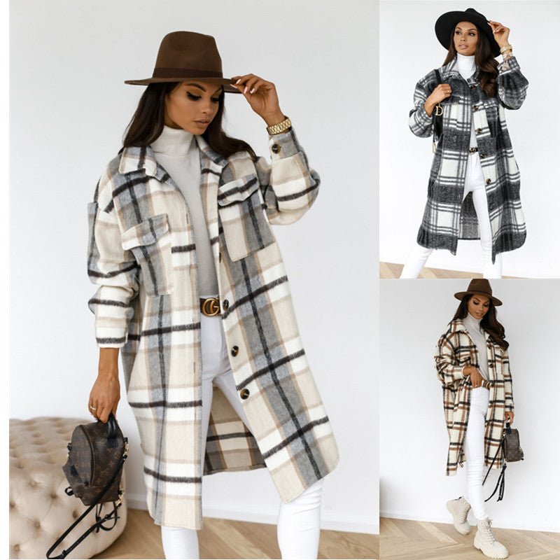 Casual Warm Plaid Long Woolen Coat with Buttons - Its That Girls Boutique