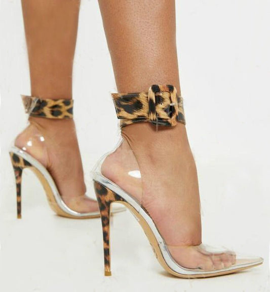 Clear Cheetah Print Ankle Strap Stiletto Heels (Pointed Toe) - Its That Girls Boutique