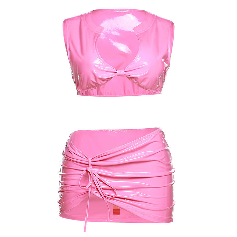 Women's Fashion Glossy  Short Skirt Set