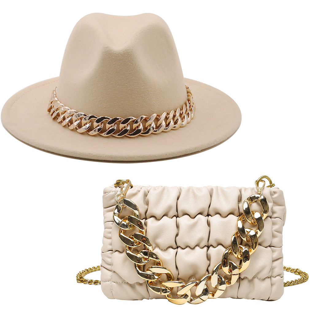 Conjunto de sombrero fedora (sombrero de ala grande) y bolso con cadena unisex