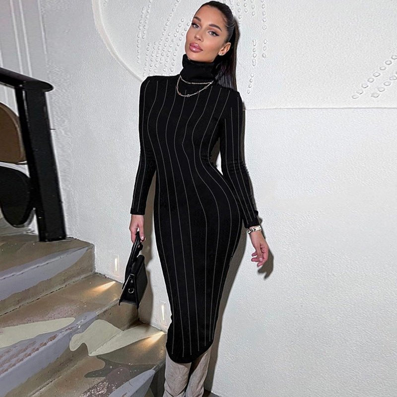 Elegant Rhinestone Slim Fit Turtleneck Long Sleeve Dress - Its That Girls Boutique