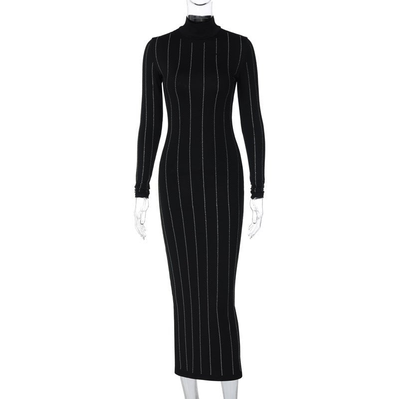 Elegant Rhinestone Slim Fit Turtleneck Long Sleeve Dress - Its That Girls Boutique