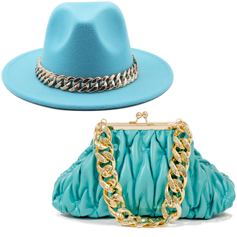 Conjunto de sombrero fedora (sombrero de ala grande) y bolso con cadena unisex