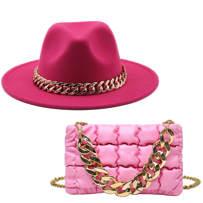 Conjunto de sombrero fedora (sombrero de ala grande) y bolso con cadena unisex