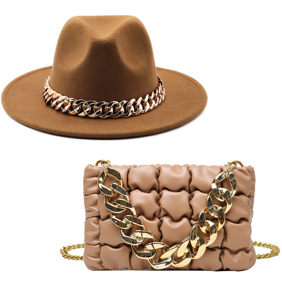 Conjunto de sombrero fedora (sombrero de ala grande) y bolso con cadena unisex