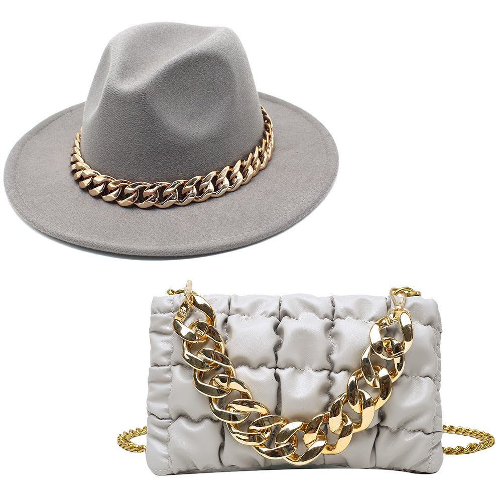 Conjunto de sombrero fedora (sombrero de ala grande) y bolso con cadena unisex