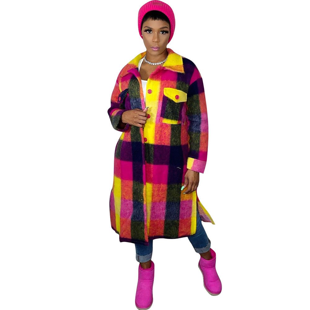 Fashion Printed Plaid Winter Mid - length Coat - Its That Girls Boutique