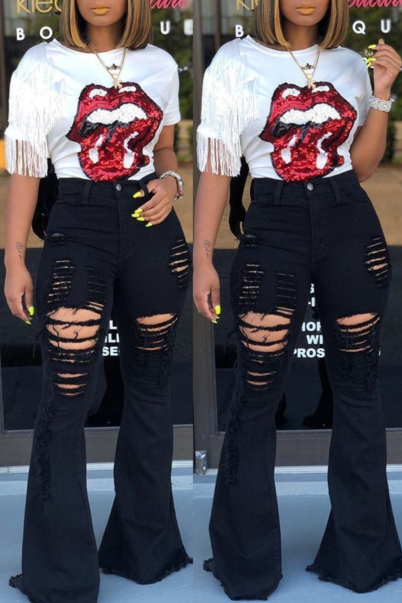 High - Waisted Retro Stretch Hip - Lifting Ripped Wide - Leg Flared Jeans - Its That Girls Boutique